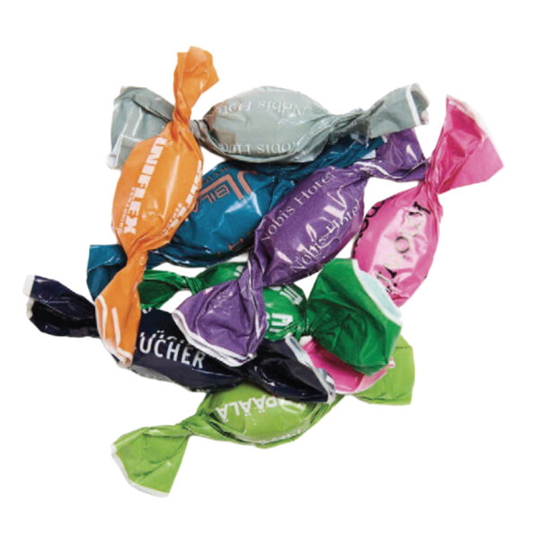 Bregmos käärekaramellit omalla logolla painettuna