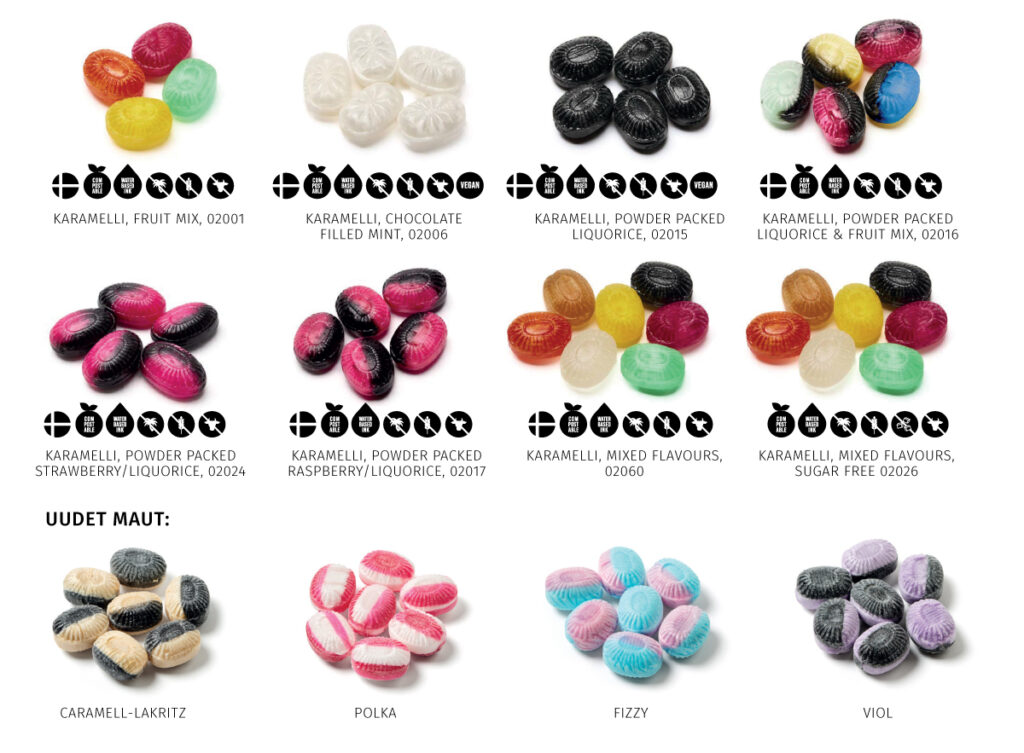 Bregmos käärekaramellit omalla logolla painettuna