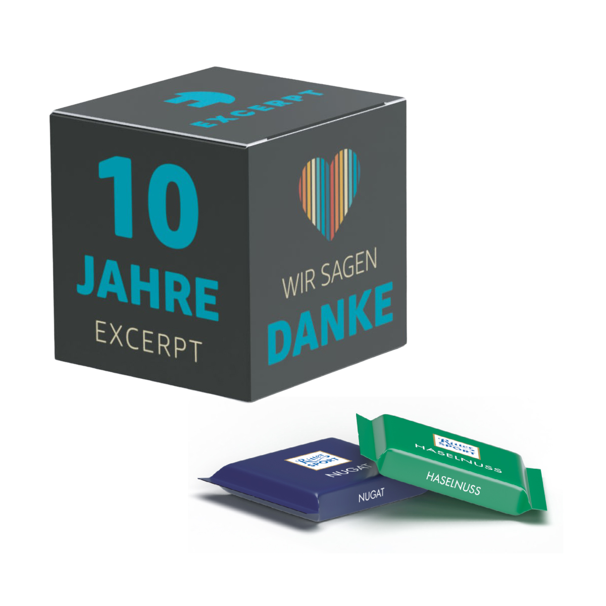 Ritter SPORT Promotinal Cube omalla logolla painettuna
