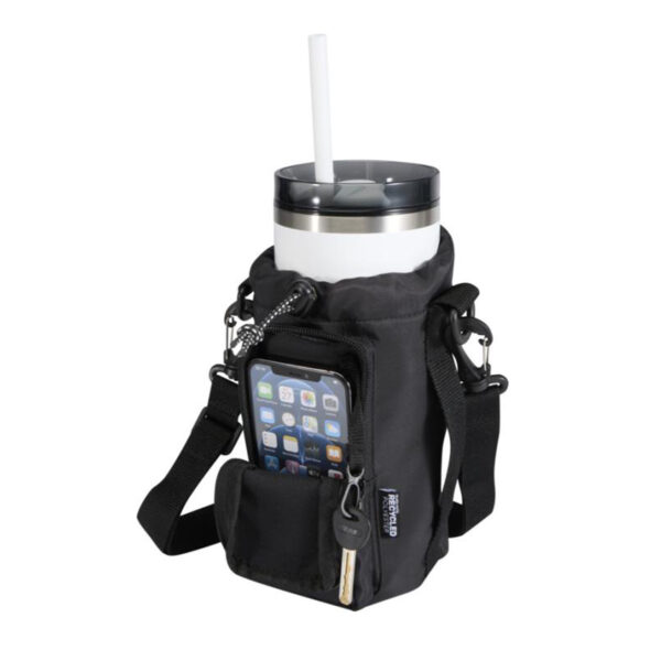 Kierrätetystä materiaalista valmistettu matkapullokassi omalla logolla