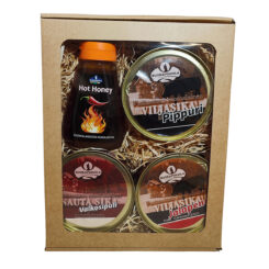 Kotimainen herkkupaketti sisältää Hot Honey -kastikkeen ja kolme maukasta lihasäilykettä. Runsas ja herkullinen yrityslahja omalla logolla.