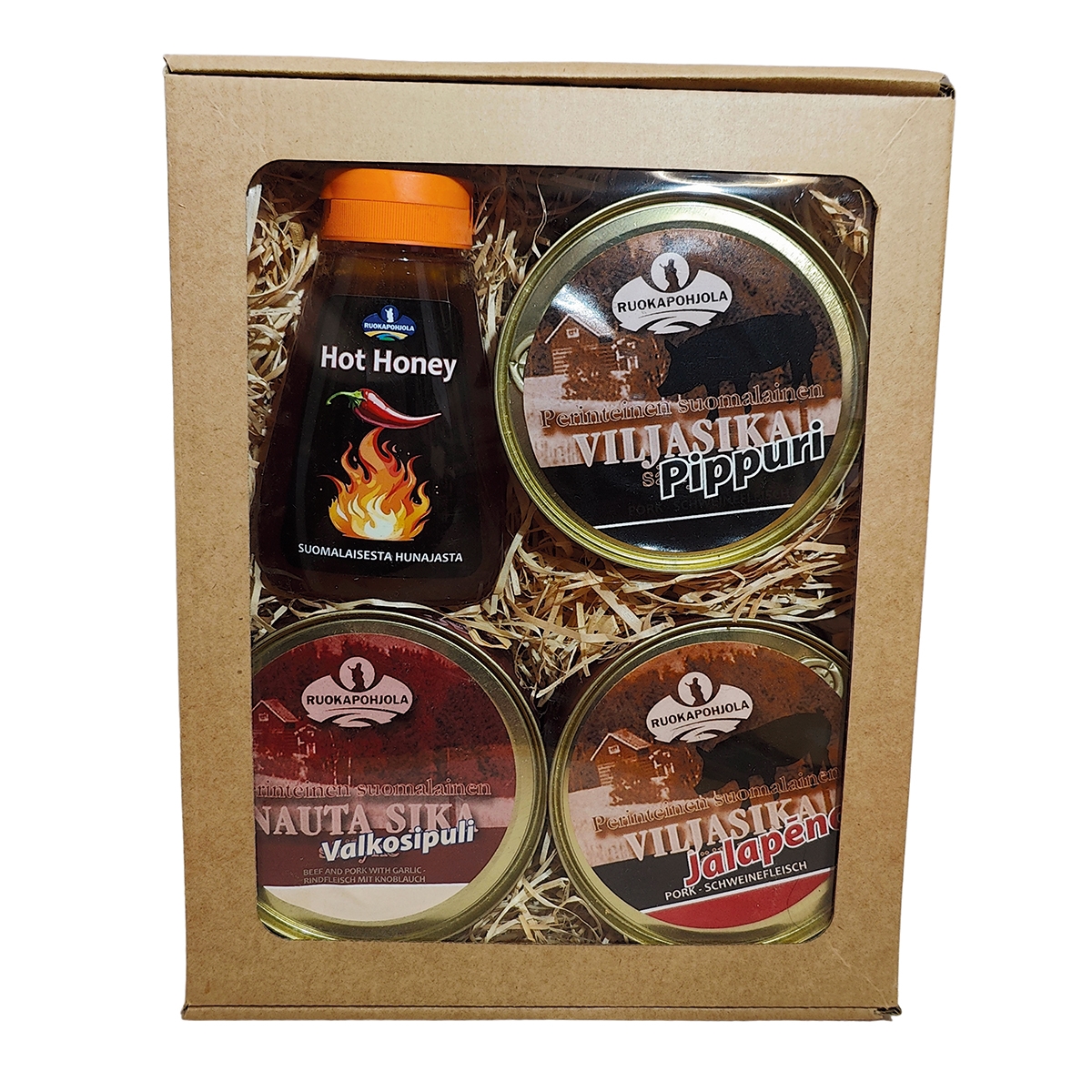 Kotimainen herkkupaketti sisältää Hot Honey -kastikkeen ja kolme maukasta lihasäilykettä. Runsas ja herkullinen yrityslahja omalla logolla.